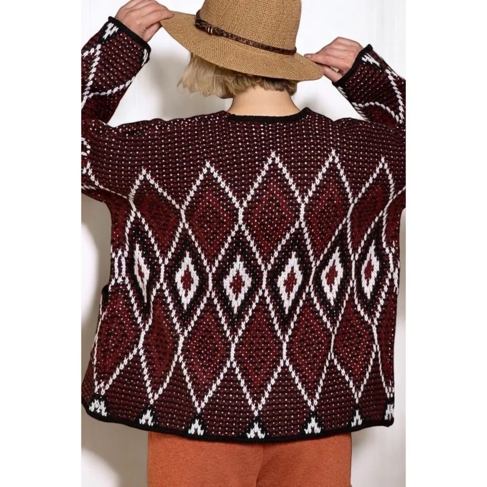 POL Burgundy Black Diamond Knit Cardigan | Chunky Southwestern Boho Sweater - Picture 4 of 9